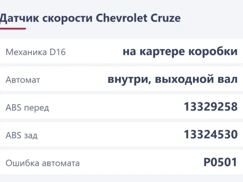 Датчик скорости Chevrolet Cruze: где стоит на механике и автомате