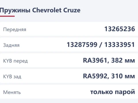 Описание пружин на Chevrolet Cruze: номера, отзывы, замена