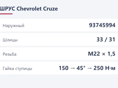ШРУС Chevrolet Cruze: наружный и внутренний, номера и замена