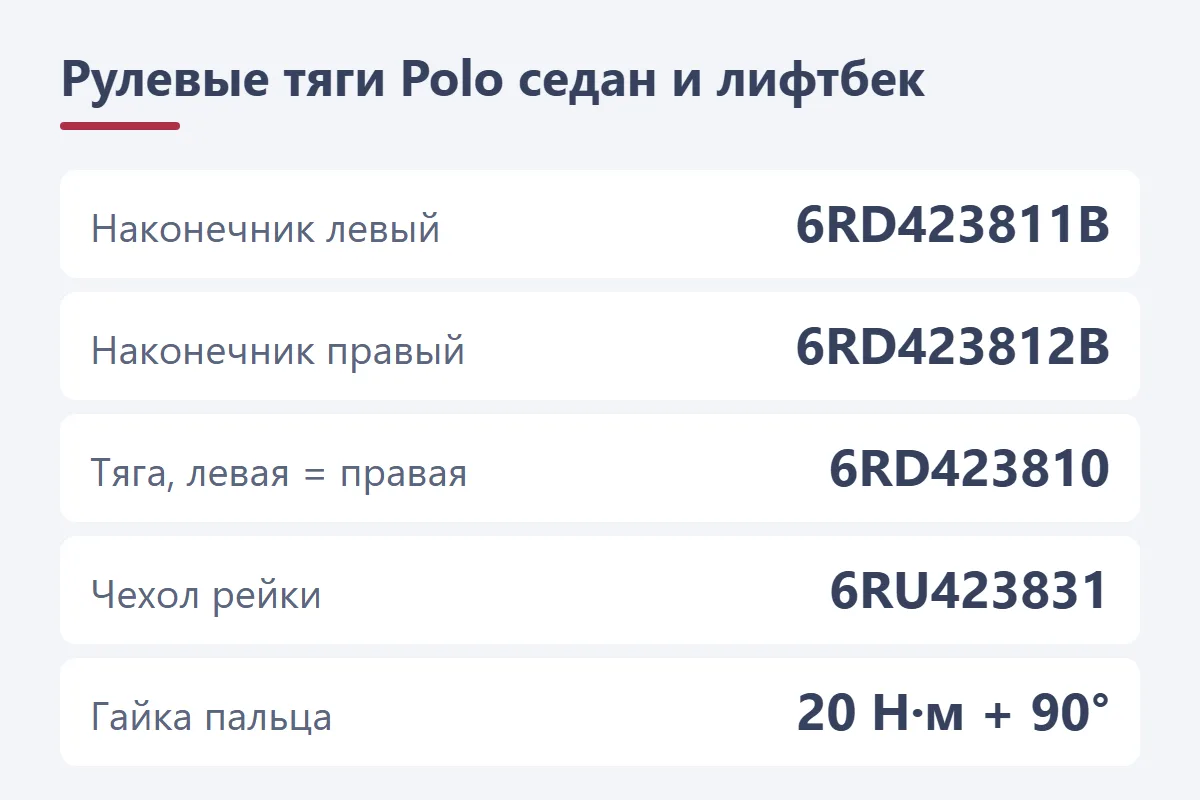 Рулевые тяги и наконечники Volkswagen Polo: 6RD423811B, 6RD423812B, тяга 6RD423810, чехол 6RU423831