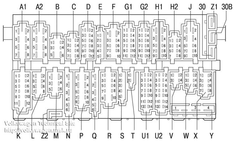 Расшифровка схемы салонного модуля предохранителей Фольксваген Гольф 3