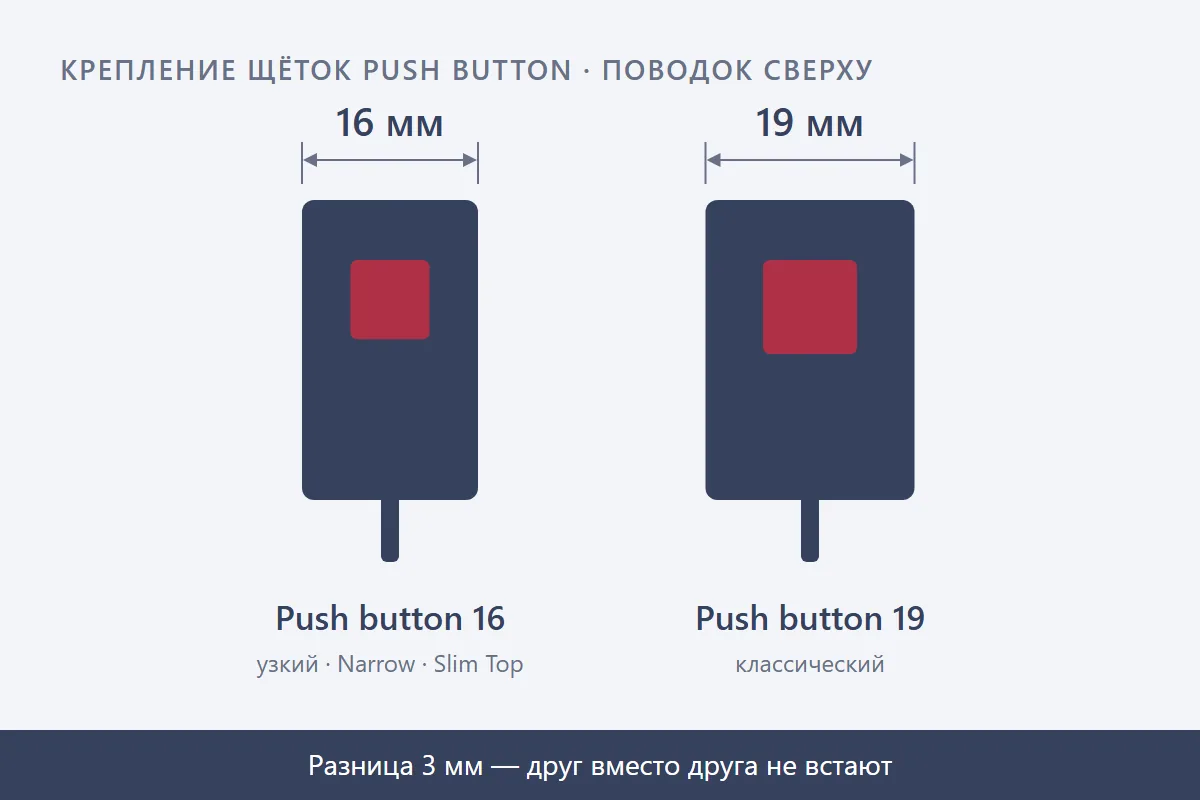 Схема: поводок с креплением Push button 16 мм и 19 мм, разница 3 мм