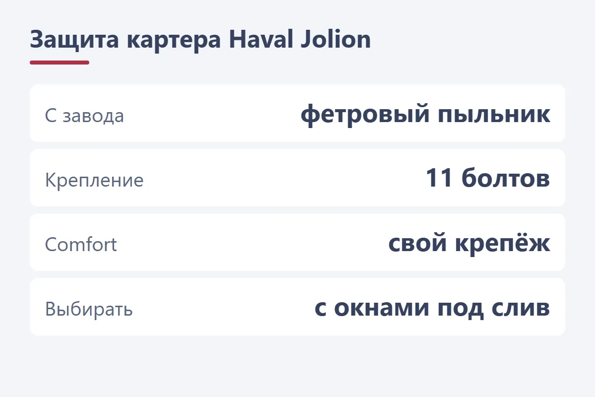 Защита картера Haval Jolion: с завода фетровый пыльник, крепление на 11 болтов, для Comfort свой крепёж, выбирать с окнами под слив масла