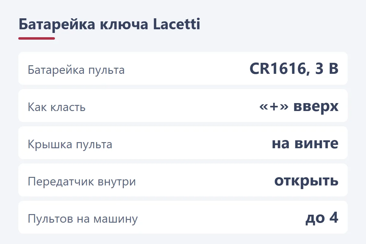 Схема: батарейка ключа Chevrolet Lacetti — CR1616 на 3 В, плюсом вверх, крышка пульта на винте