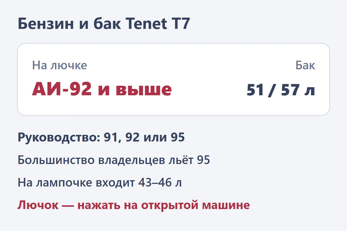 Бензин Tenet T7: на лючке не ниже 92, бак 51 или 57 литров