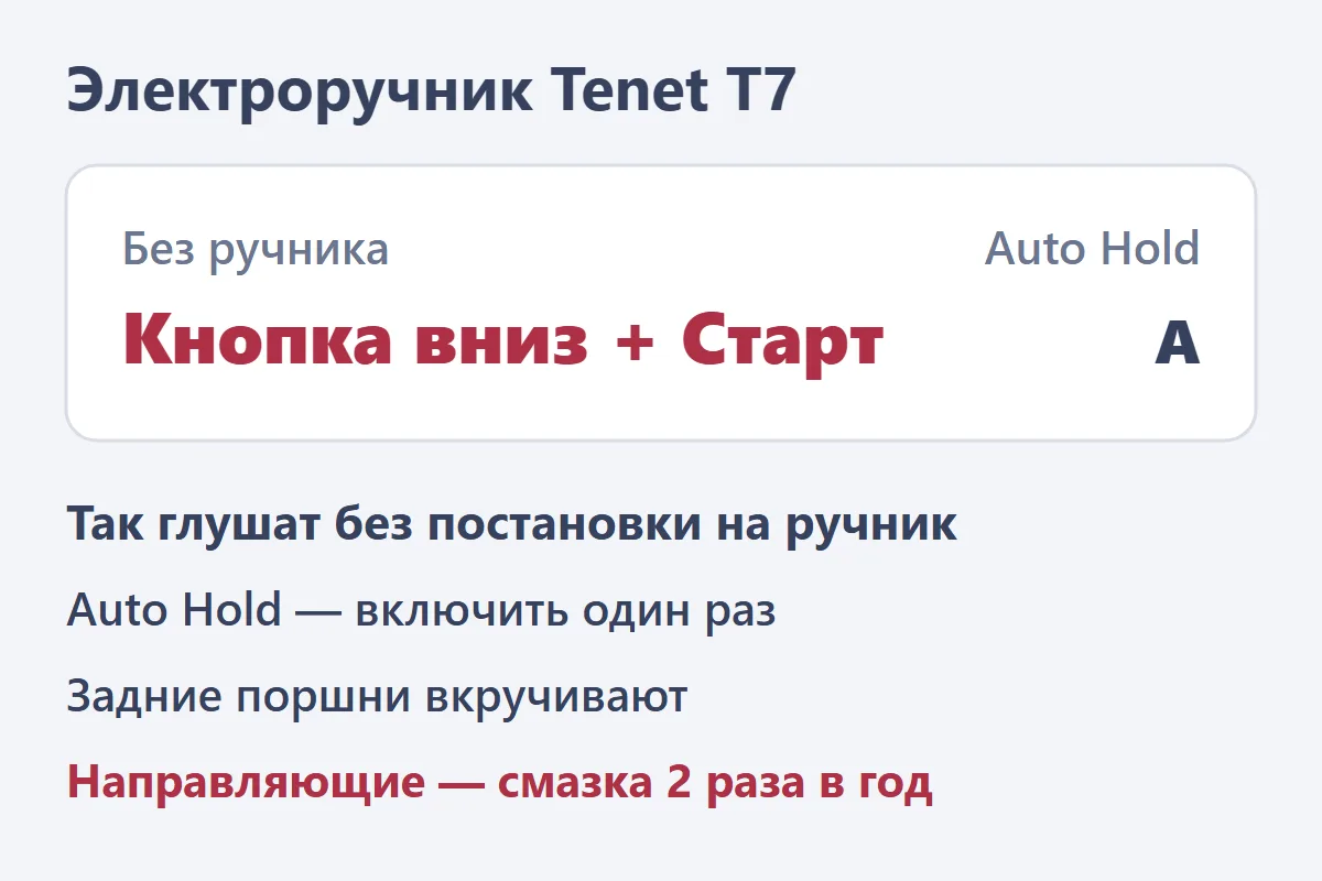 Электроручник Tenet T7: заглушить без ручника, Auto Hold, смазка направляющих