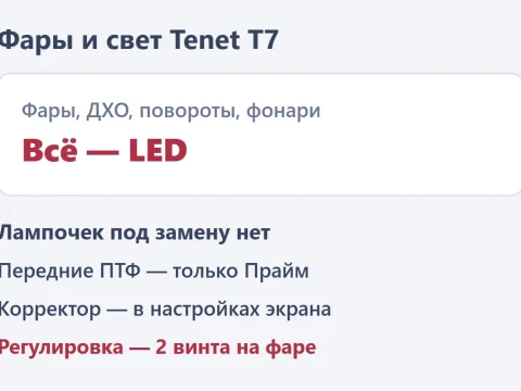 Фары и лампы Tenet T7: что светодиодное, ПТФ и регулировка