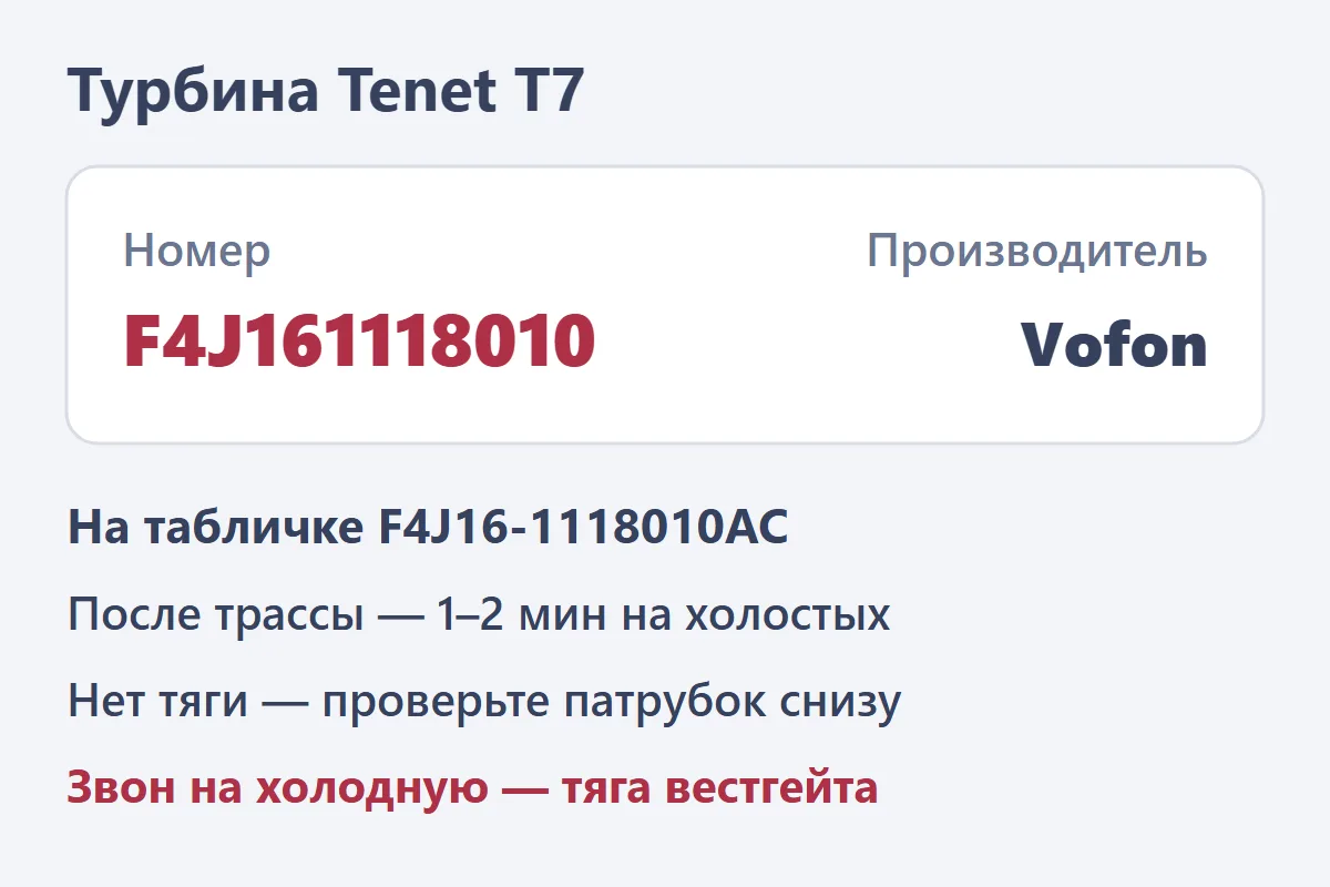Турбина Tenet T7: Vofon, номер F4J16-1118010AC